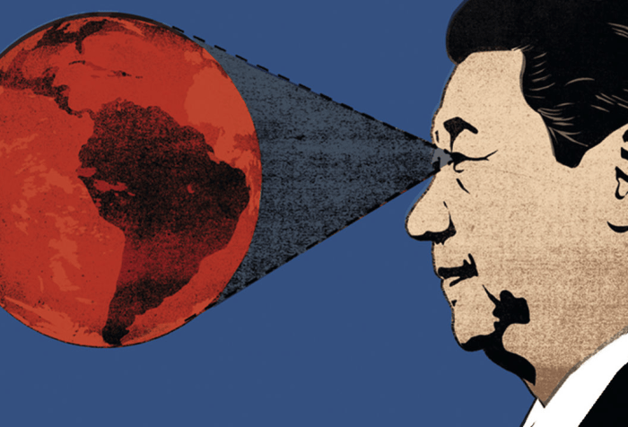 An illustration of a side profile portrait of Xi Jinping with his eyes on a globe showing South America.