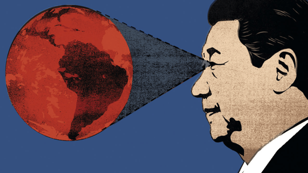 An illustration of a side profile portrait of Xi Jinping with his eyes on a globe showing South America.
